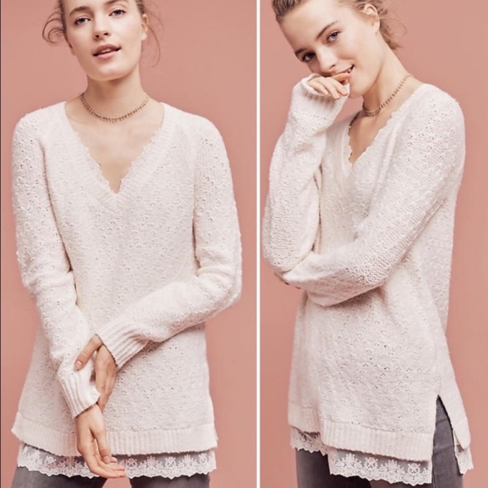 Anthropologie Knitted & Knotted Lace Trim Betten Tunic Sweater Cream Size Small